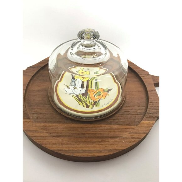 Vintage Goodwood Round Cheese Cracker Serving Tray Glass Dome Genuine Teak 16 in - Picture 5 of 9